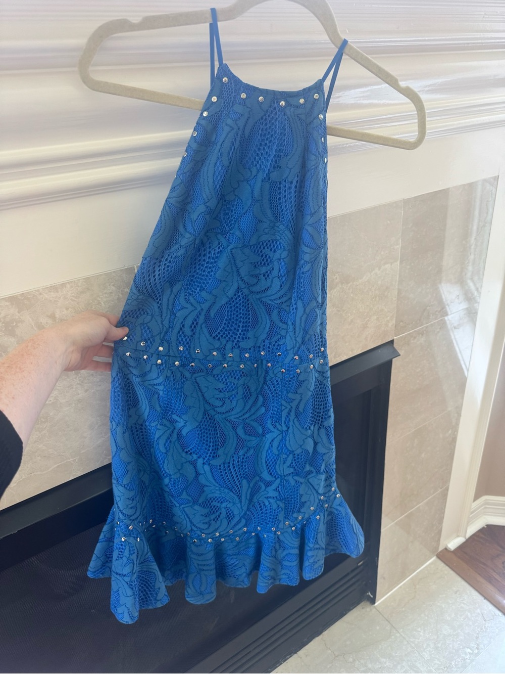 Karina Grimaldi Bright Blue Lace Mini Skirt with Stud Detail